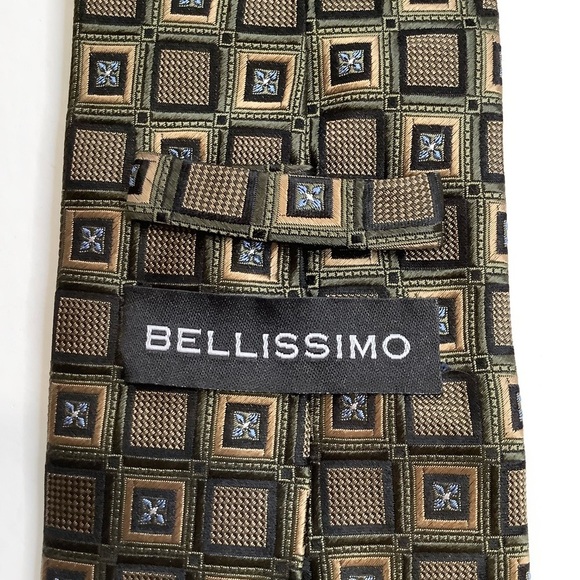 VINTAGE Italian Green & Gold Geometric Woven Silk Tie - Picture 7 of 12